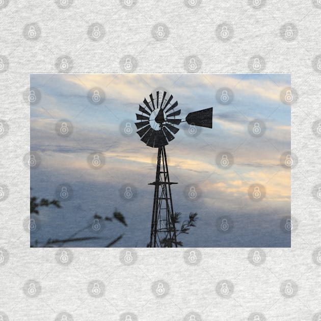 Windmill Sillouette with Gray, Blue Sky in Kansas by ROBERTDBROZEK